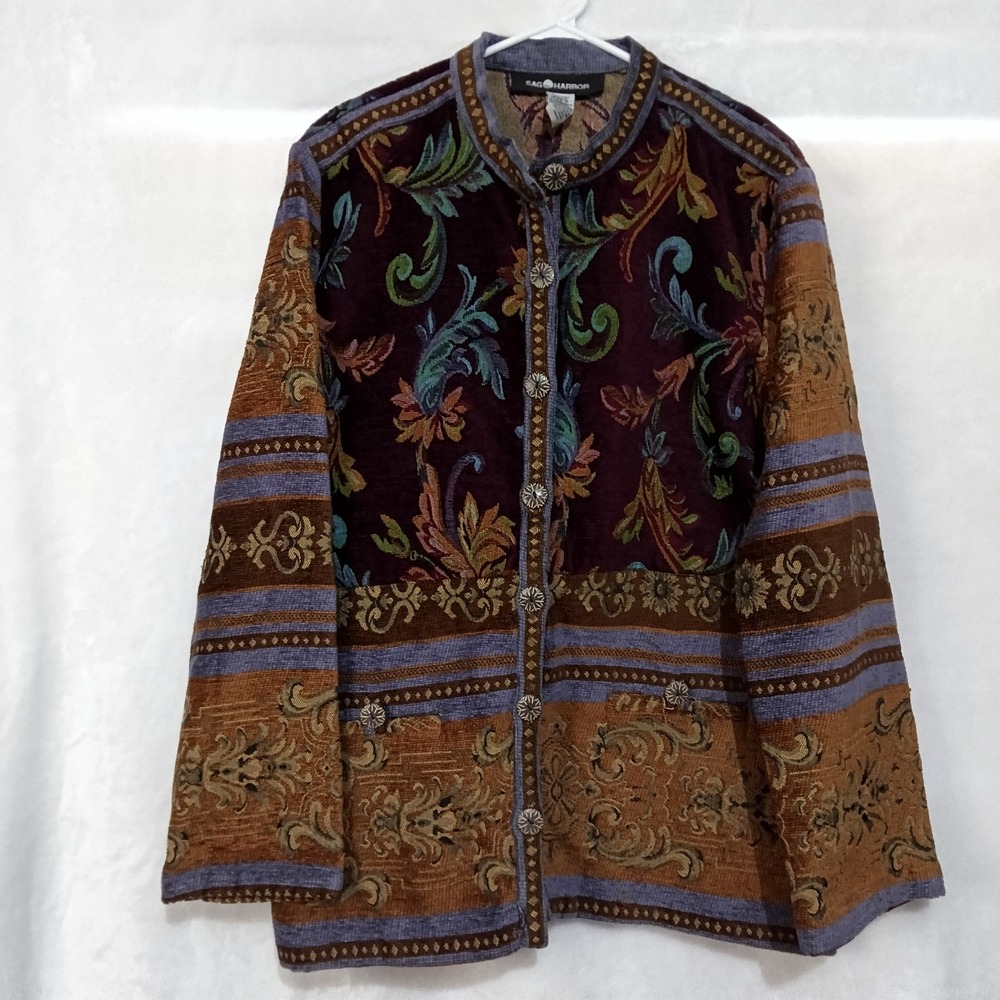 Sag Harbor Womens Tapestry Jacket Size 16 Burgundy Bronze Floral Chenille
